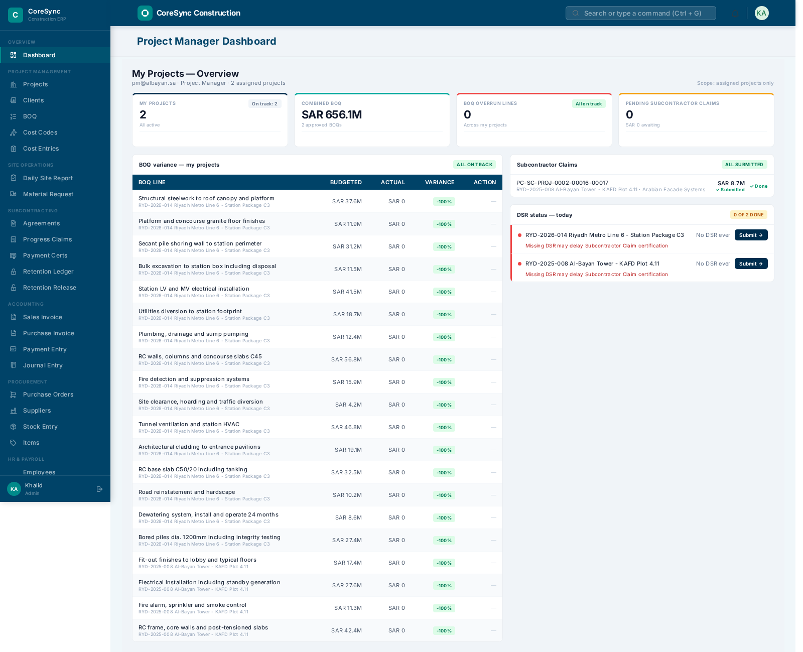 CoreSync Construction ERP — Project Manager Dashboard showing BOQ variance, subcontractor claims, and DSR status